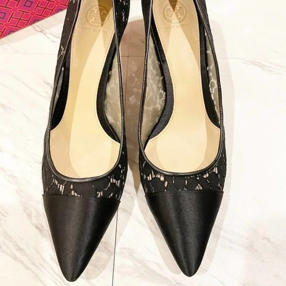 Tory Burch Glenna Pump Lace/Satin Black Size 10.5 - Picture 3 of 15